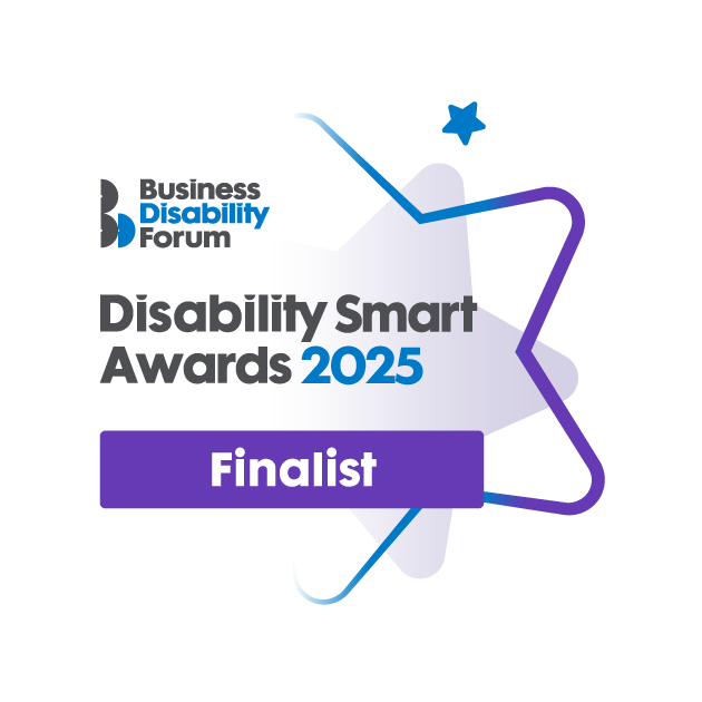 A graphic which states: 'Business Disability Forum. Disability Smart Awards 2025. Finalist.' On top of a blue and purple star.